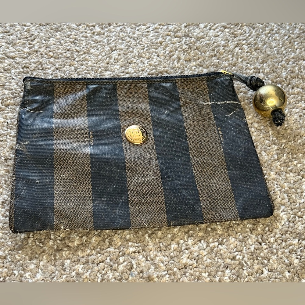 Vintage Fendi Pequin Coated Canvas Zipper Pouch Cosmetic Small Clutch Bag Brown
